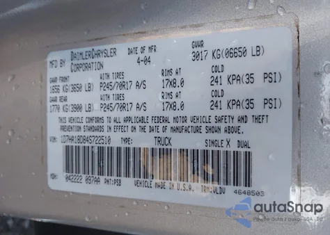 2004 Dodge Ram 1500 Slt/Laramie from USA, damaged, VIN 1D7HA18D84S722510